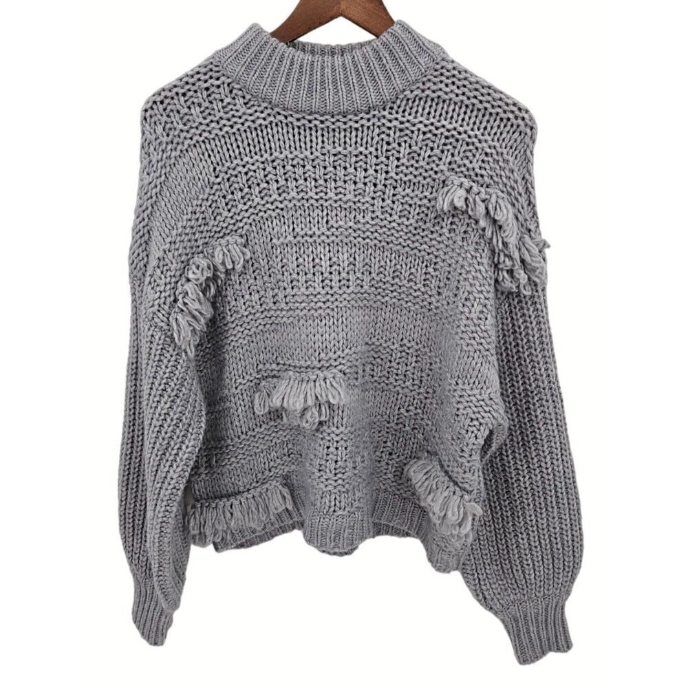 Universal Thread Sweater Sz M 6 8 Grey‎ Fringe Wool Drop Shoulder Balloon Sleeve